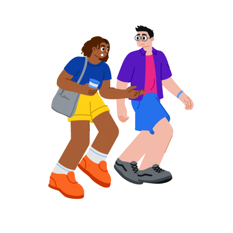 Dibujo de dos personas caminando y conversando entre sí