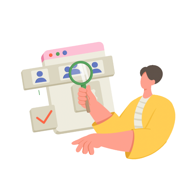Dibujo de persona buscando con una lupa en un sitio web, donde se observan perfiles de otras personas