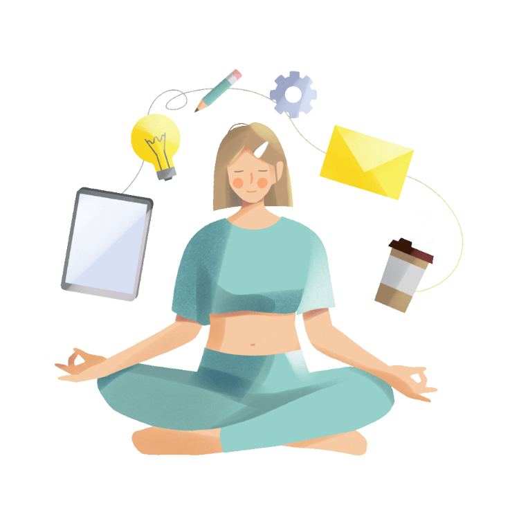 Dibujo de persona sentada en posición de yoga, con cafés, correos, ideas y dispositivos electrónicos flotando a su alrededor