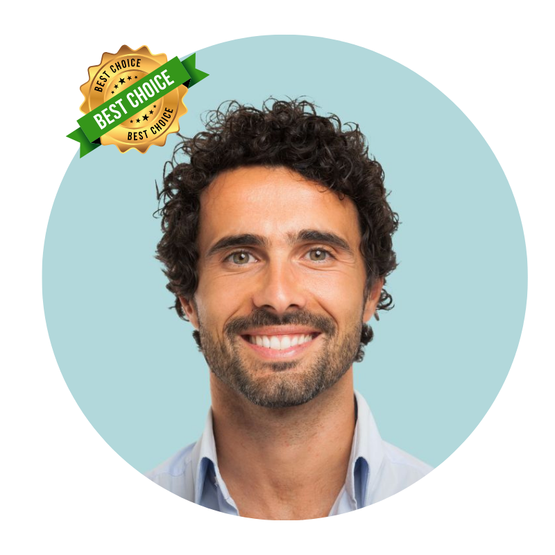 Hombre sonriente con sello de Best Choice